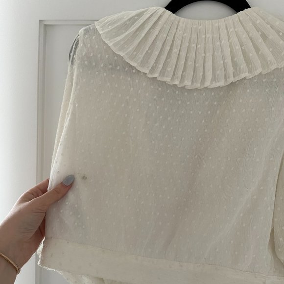 Maje Plumeti Cropped Blouse White Wrap-over Self-tie Belt Ruffle Trim V-neck - Picture 11 of 11